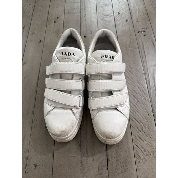 PRADA Leather Hook n Loop Platform Sneakers White Size 39 9 - Picture 3 of 12